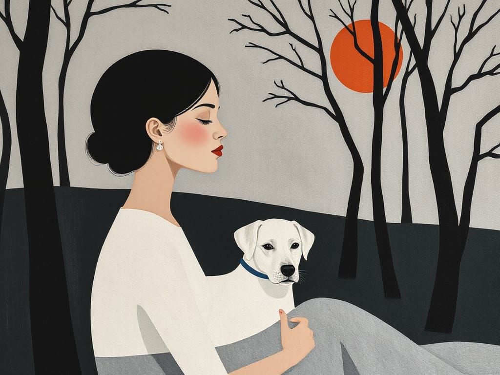 Surreal Minimalist Scene of Woman, Dog, and Trees