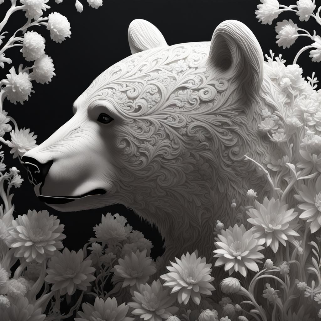 Ethereal Bear Amidst Intricate Floral Patterns