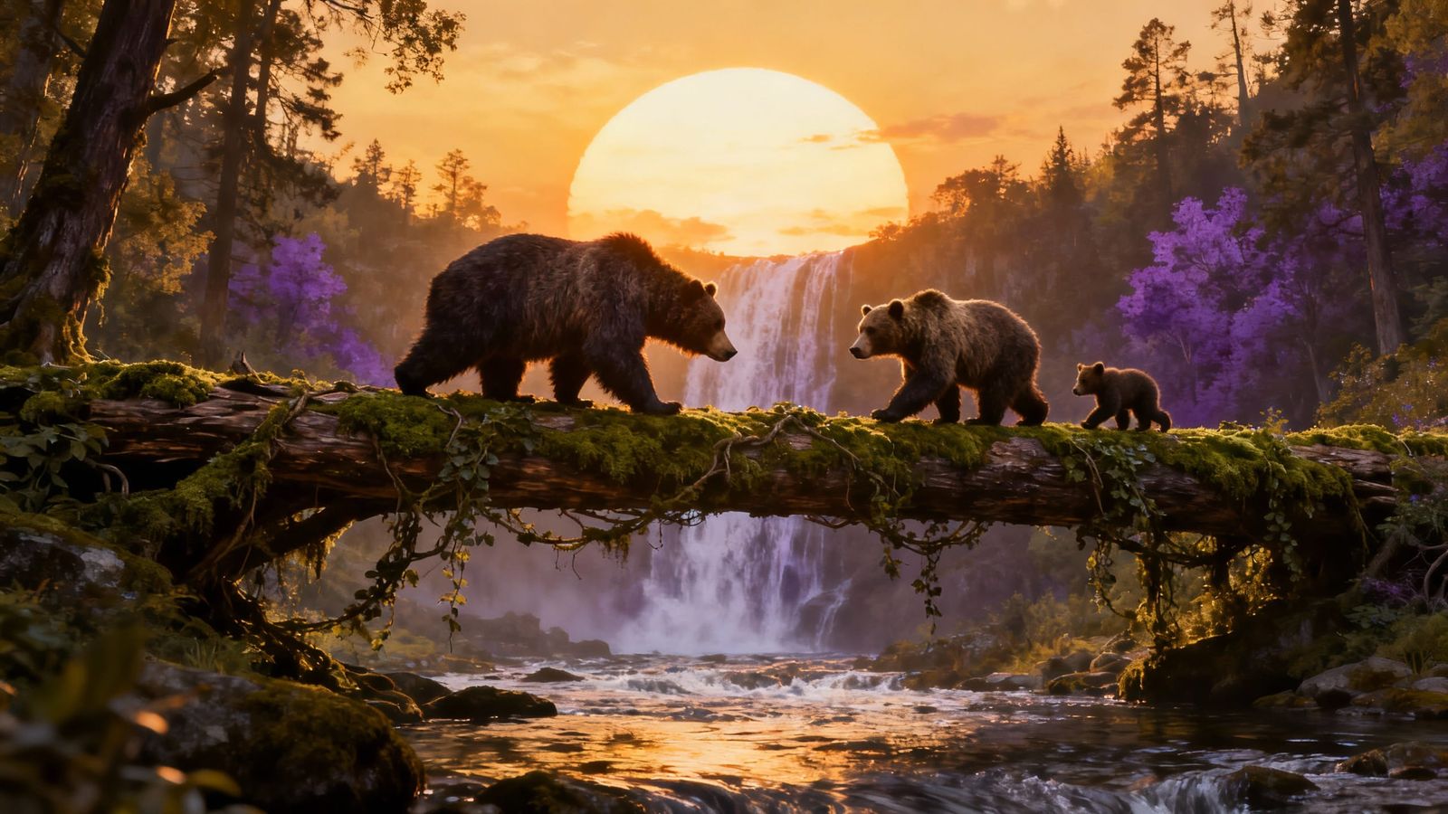 Bears Cross Mossy Bridge at Sunset Waterfall