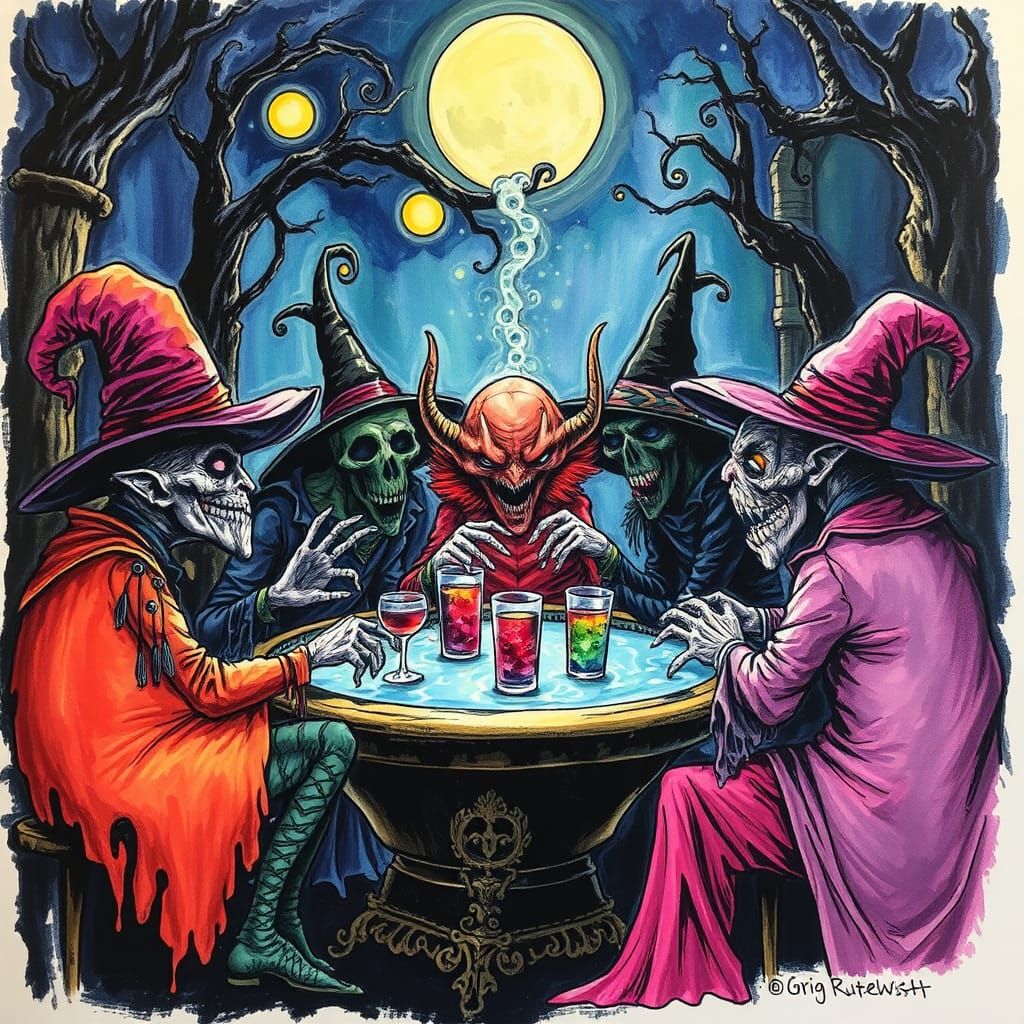 A group of ghouls and goblins at a magical bubbling punch bowl,