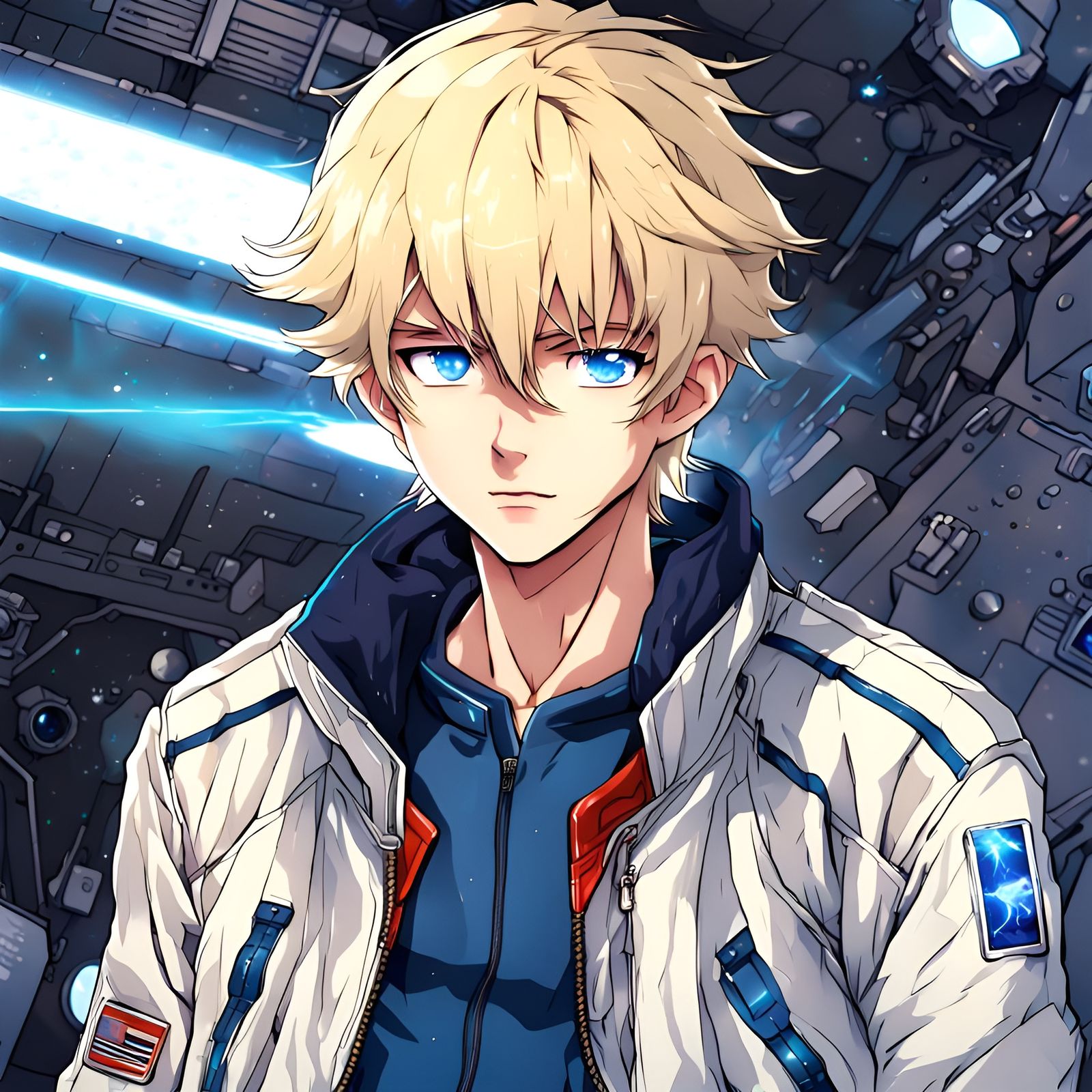 boy 15 years, space captain, bomber jacket, pale, blond hair, blue eyes, unkempt hair, serious, ambitious