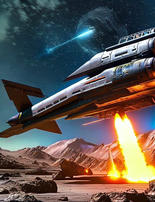 Repaired Sci-Fi Spaceship Over Asteroid Field