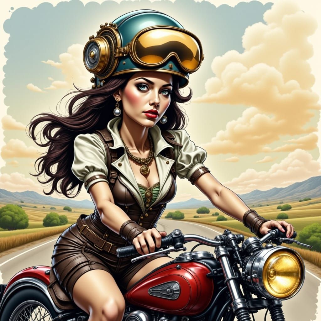 Steampunk Gibson Girl Rides into Sunset