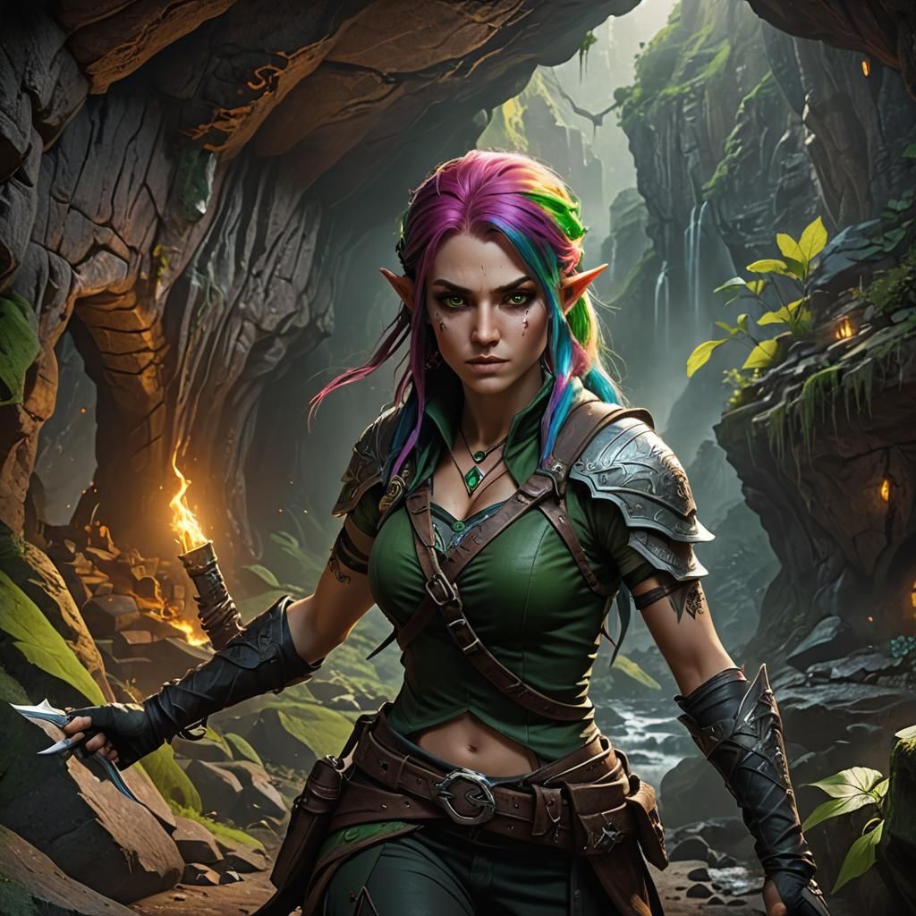 Half-Elf Rogue Assassin in Cave: Detailed Digital Art