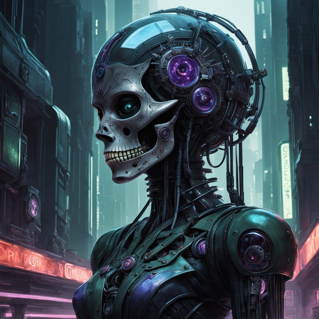 Glowing Cybernetic Goddess in Industrial Gothic Style