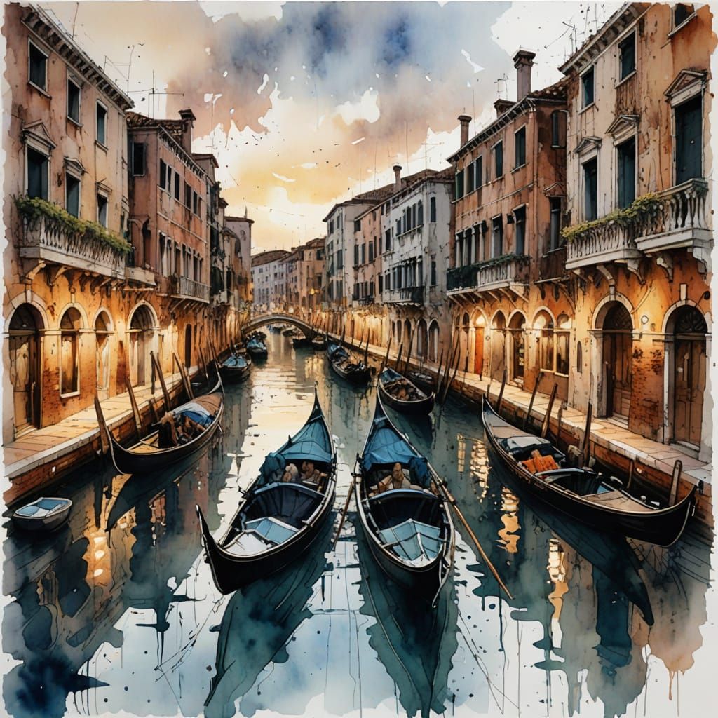 Venetian Canals at Twilight, in Stylised Watercolour