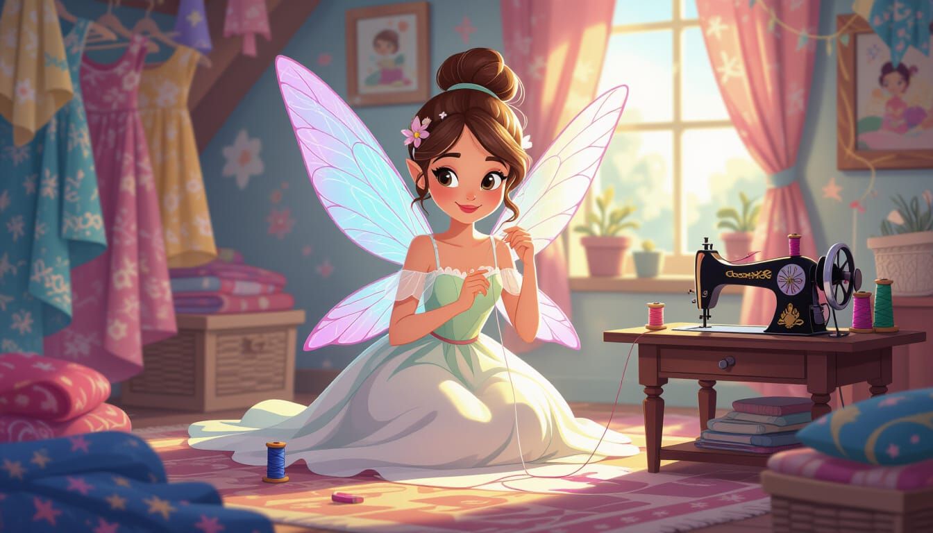 Cute Fairy Sewing Clothes in Whimsical Cartoon Room
