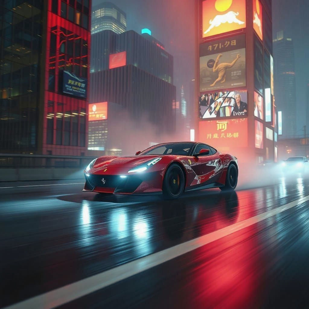 Futuristic Ferrari Daytona SP3 in Cyberpunk Cityscape