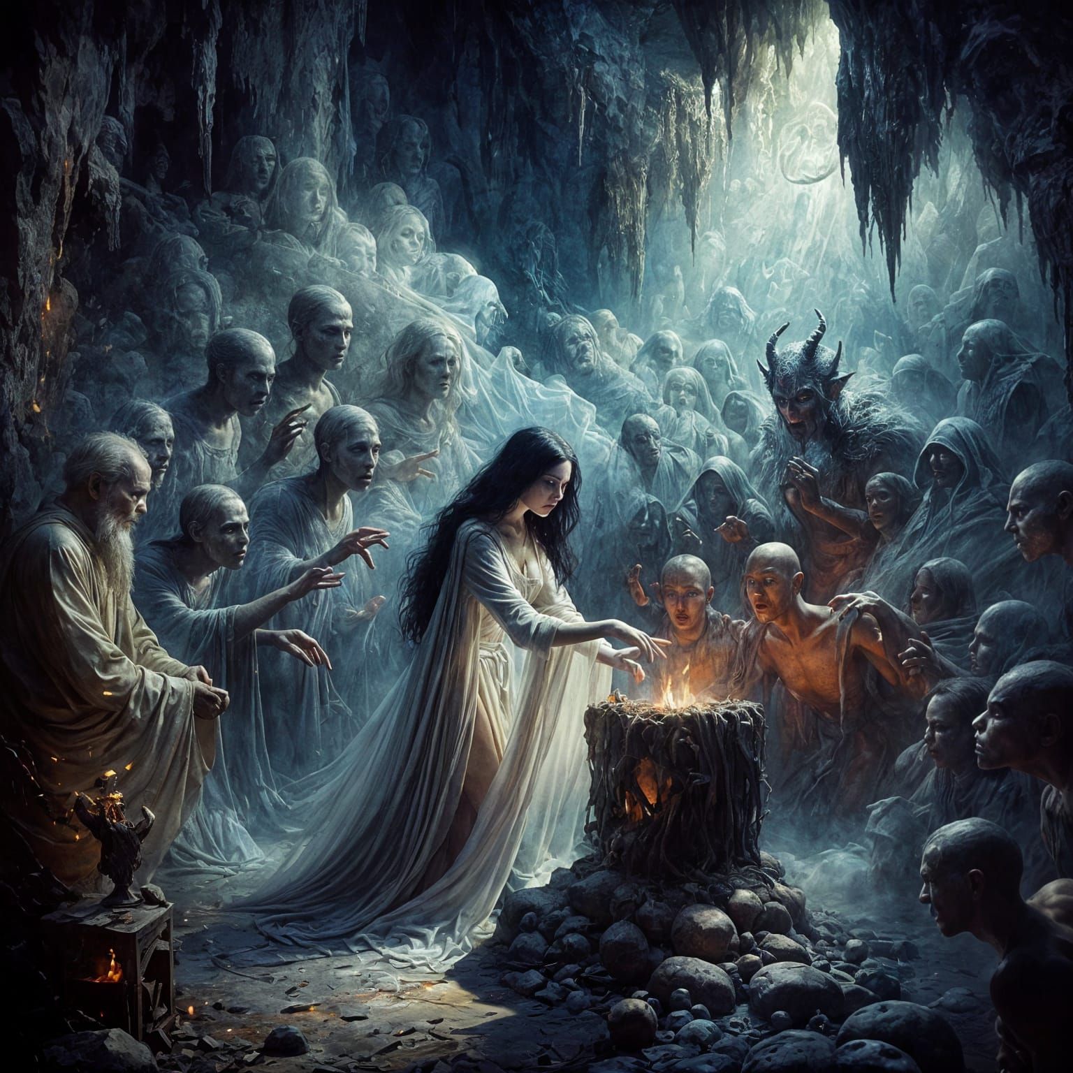 Raven-Haired Priestess Performing Dark Ritual