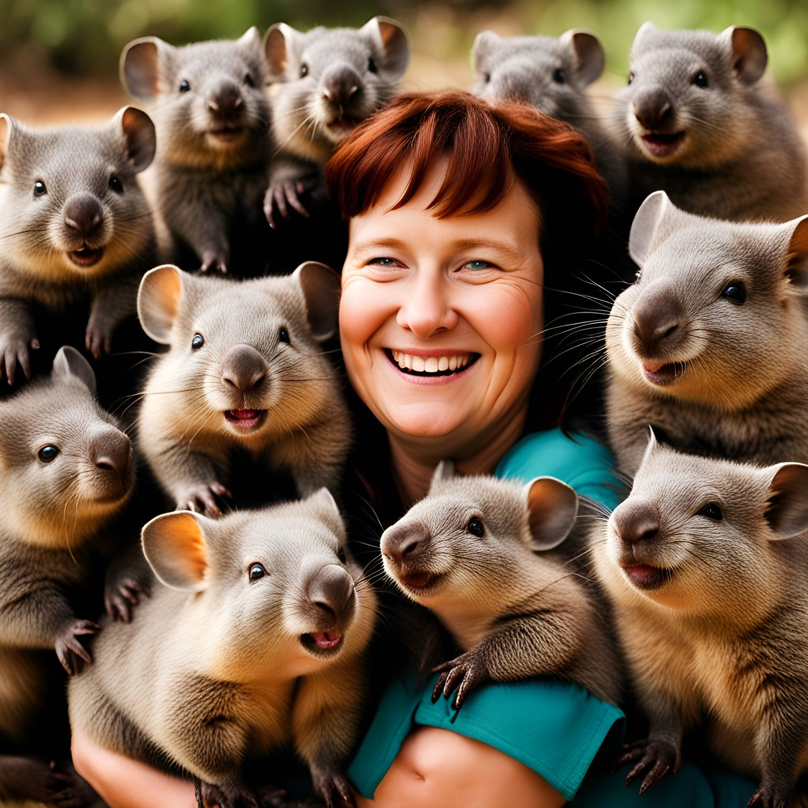 Happy Auburn-Haired Lady with Baby Wombats
