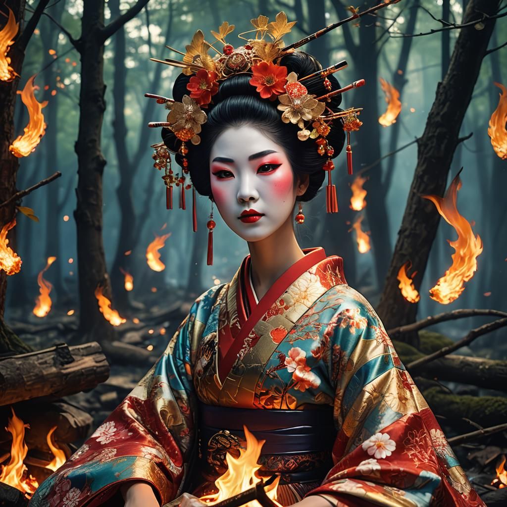 Geisha in Mystical Forest, Renaissance-Surrealism Style