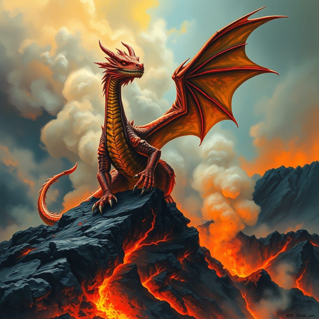 Epic Dragon Guardians the Volcanic Landscape in Impressionis...