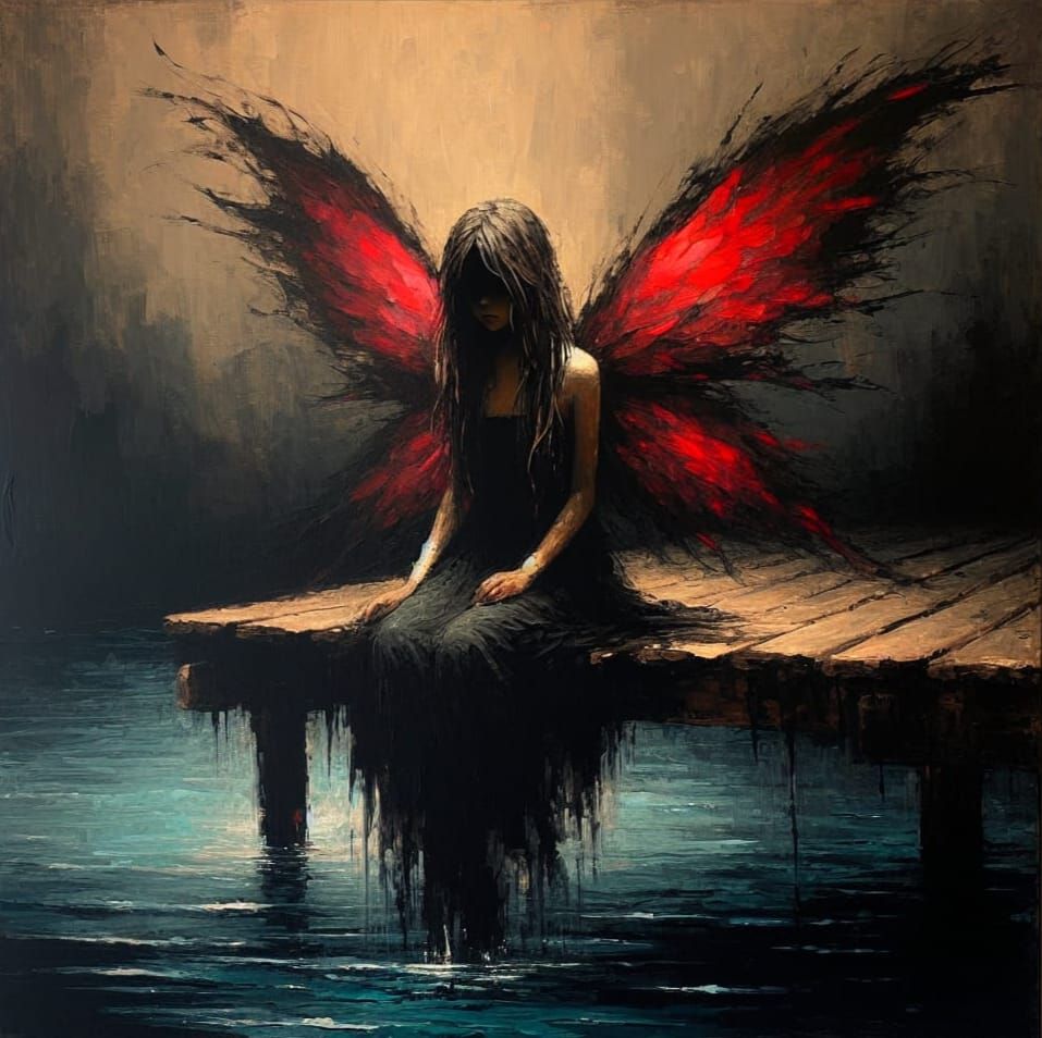 Ethereal Fairy with Red Wings on Dark Dock