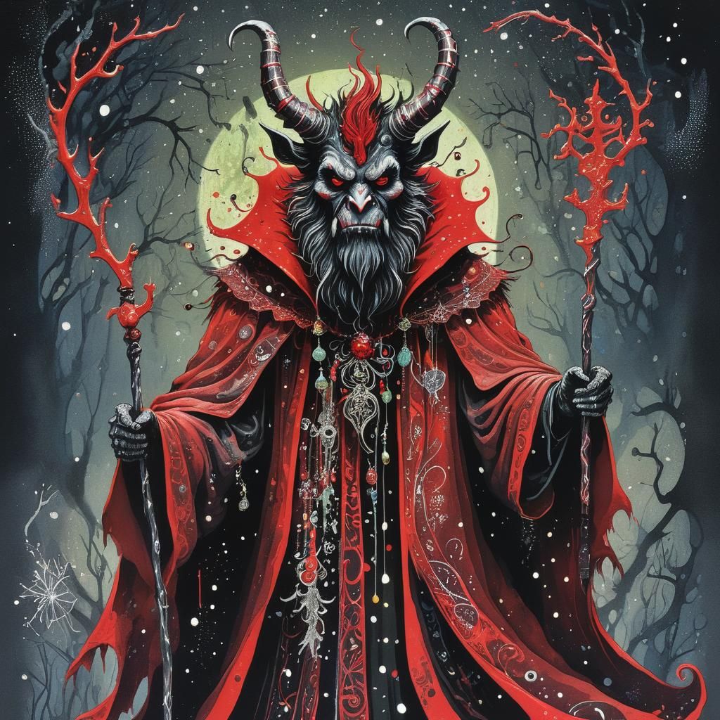 Red Krampus in Cloak: Pen, Ink, and Blacklight Fantasy