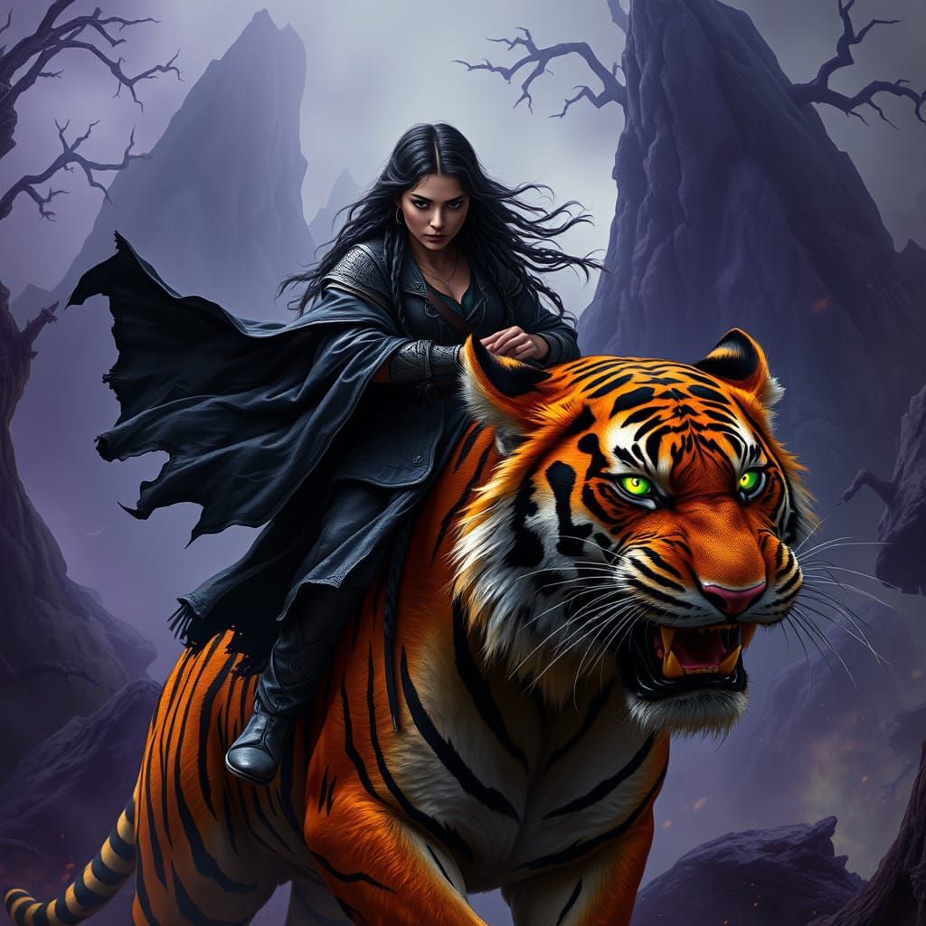 Ethereal Tiger Rider in Dark Fantasy Realism