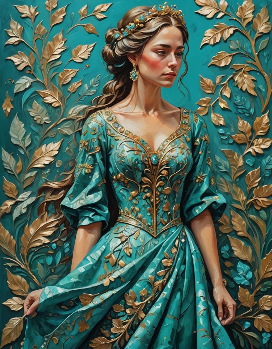Woman in Turquoise Dress, Impasto Oil Painting