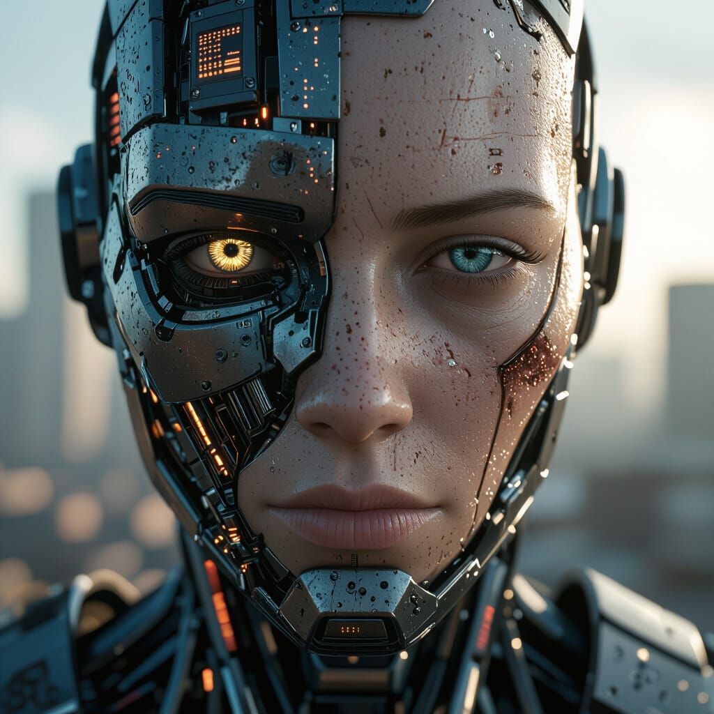 Cyborg Face: Half Human, Half Robot in Cyberpunk Style
