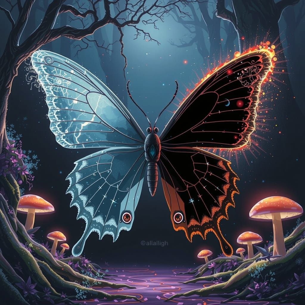 Fire and Ice Butterfly in Enchanted Forest