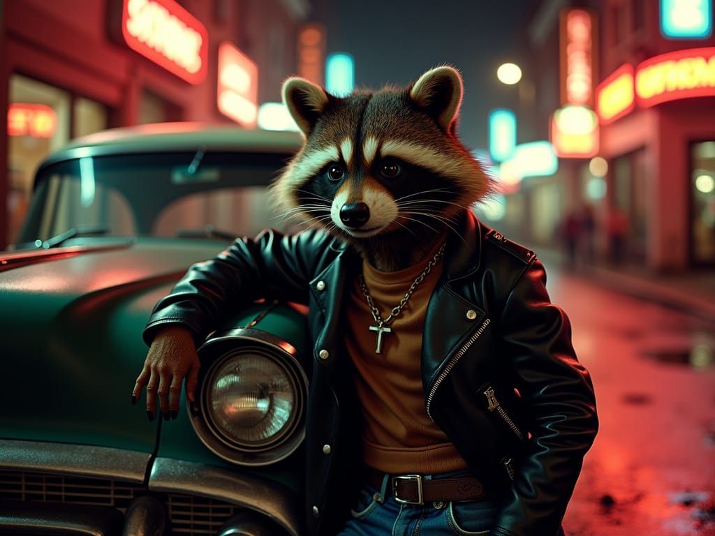 Greaser Raccoon in a Film Noir Scene