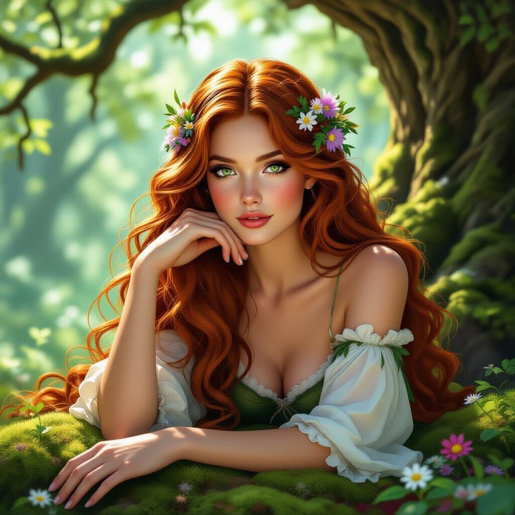 Redhead Forest Nymph in Sunlight: Hyperrealistic Portrait