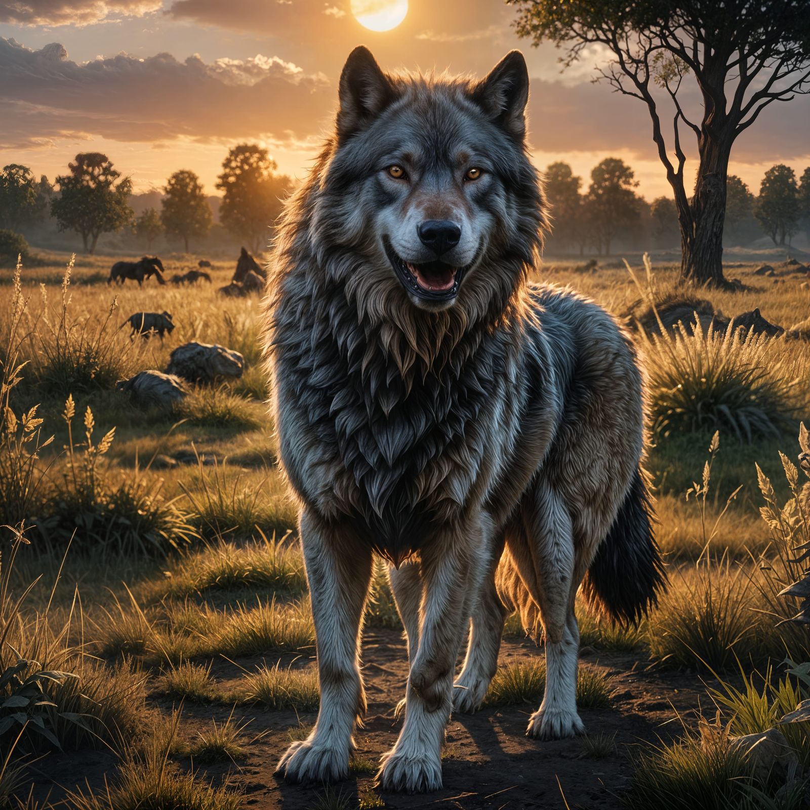 Dire Wolf in Sunset Field: Fantasy Concept Art