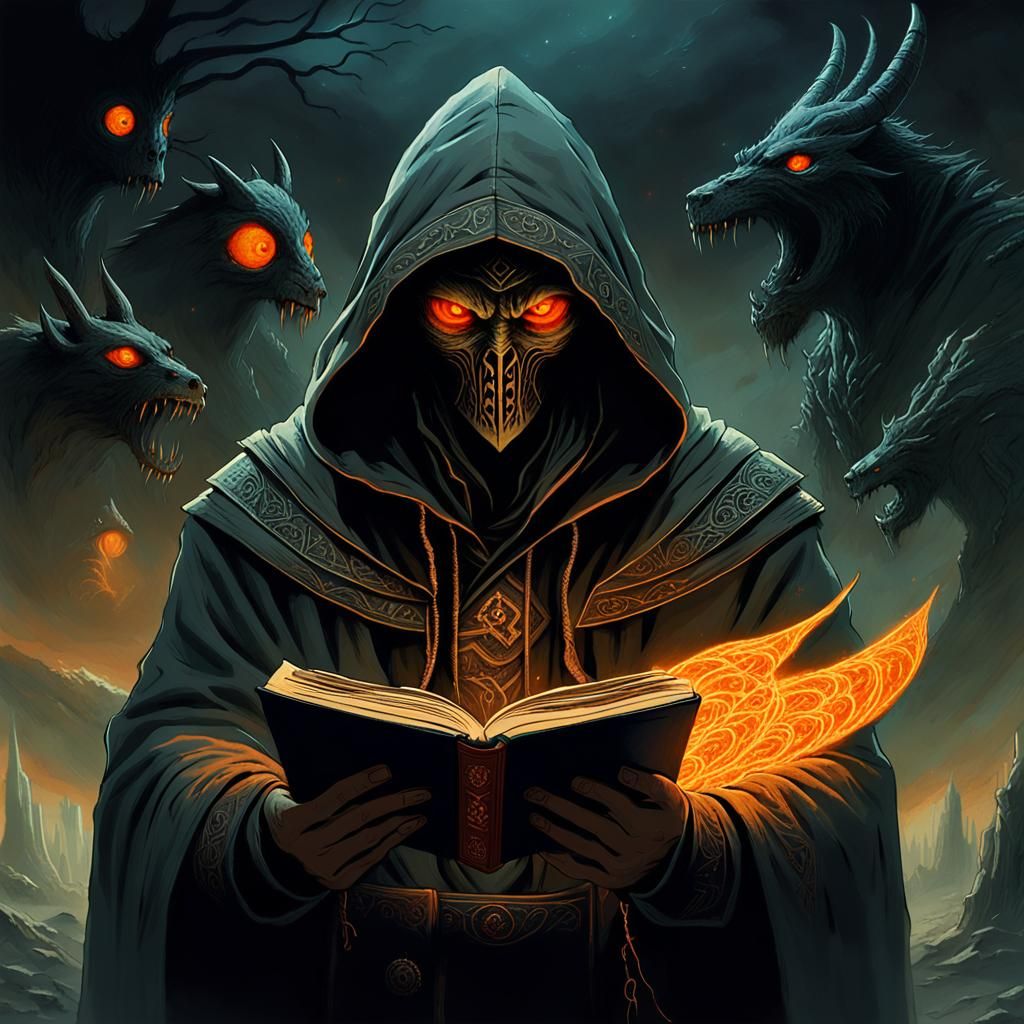 Mystical Figure Reading Book in Dark Fantasy Realm