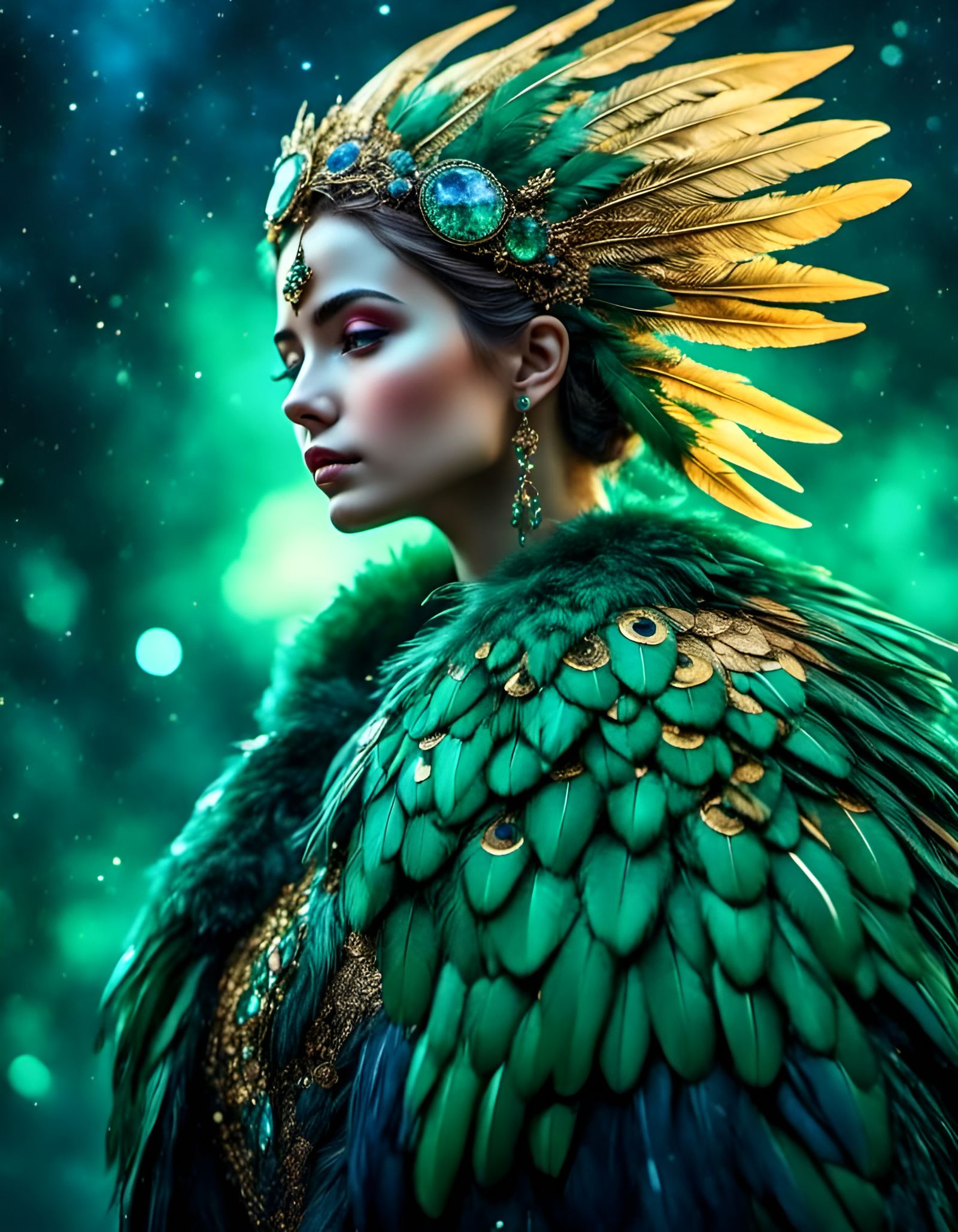 Emerald Raven with Aurora Borealis in Watercolor