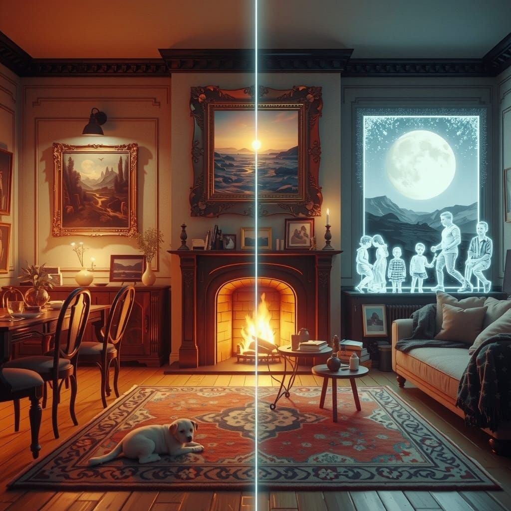Cozy Living Room with Martian Sunset Hologram