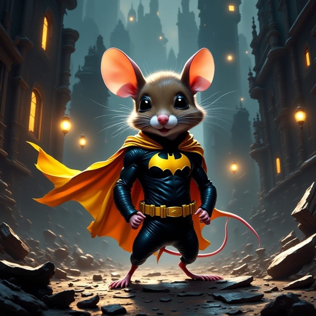 Mouse as Batman in Gothic Cityscape Illustration