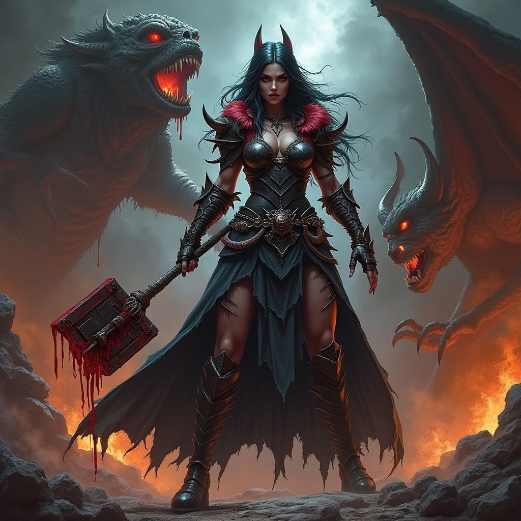 Demonic Barbarian Battles Hell Beasts in Dark Fantasy Realm