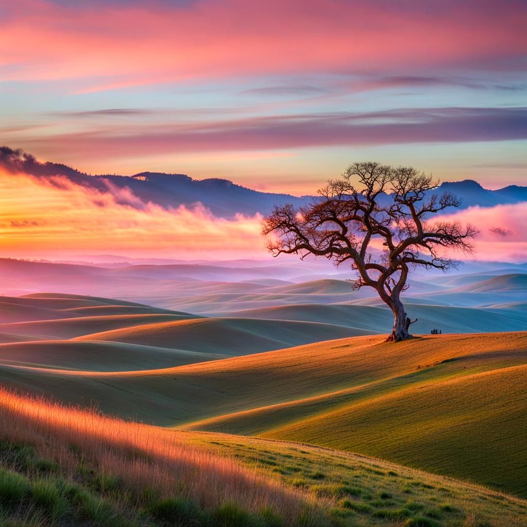 Pastel Sunrise Over Rolling Hills Landscape