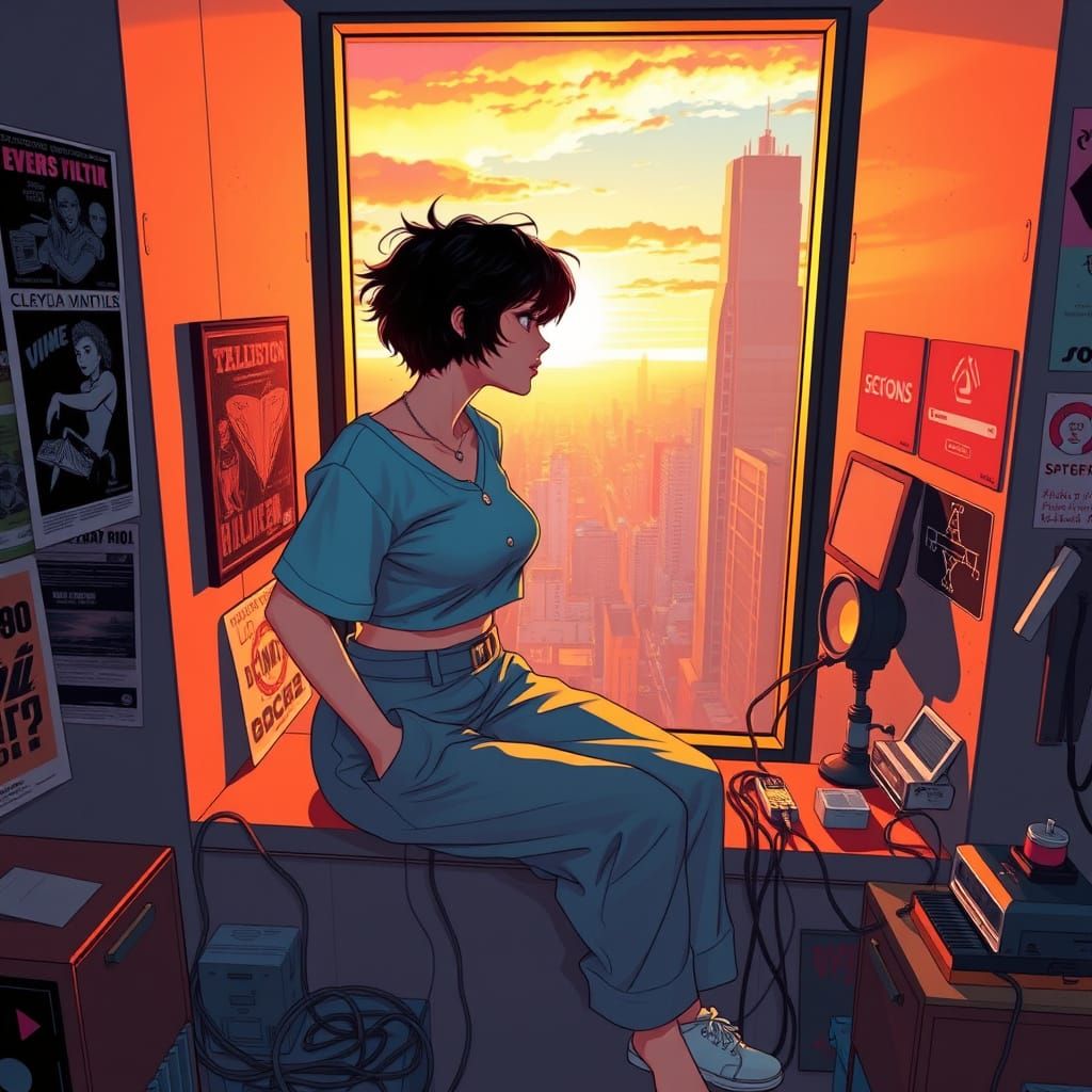 Anime Woman Gazing at Futuristic Cityscape in Retro-Nostalgi...