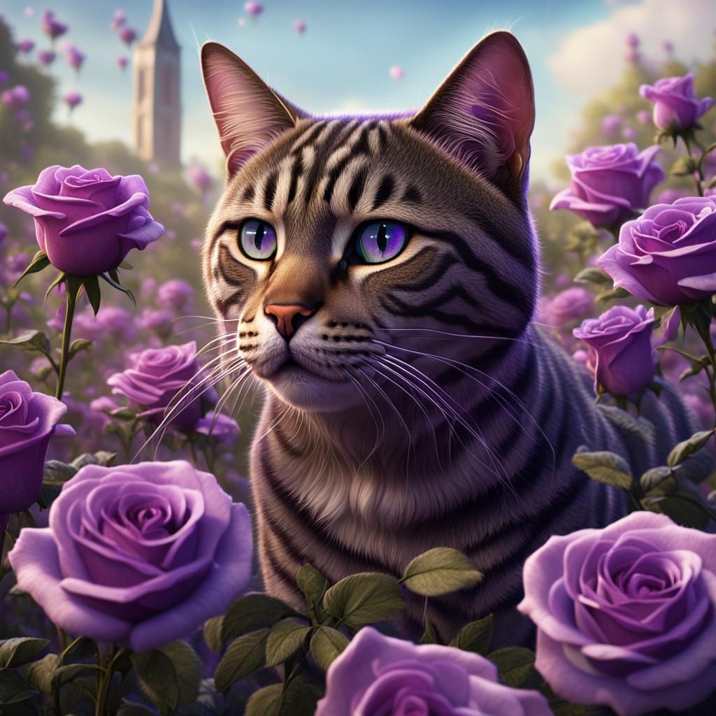 Tabby Cat in Purple Rose Field: Detailed Matte Painting