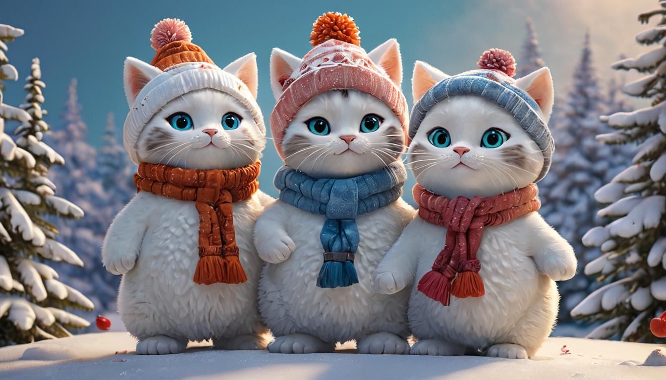 Kittens Building Snowman in Winter Wonderland