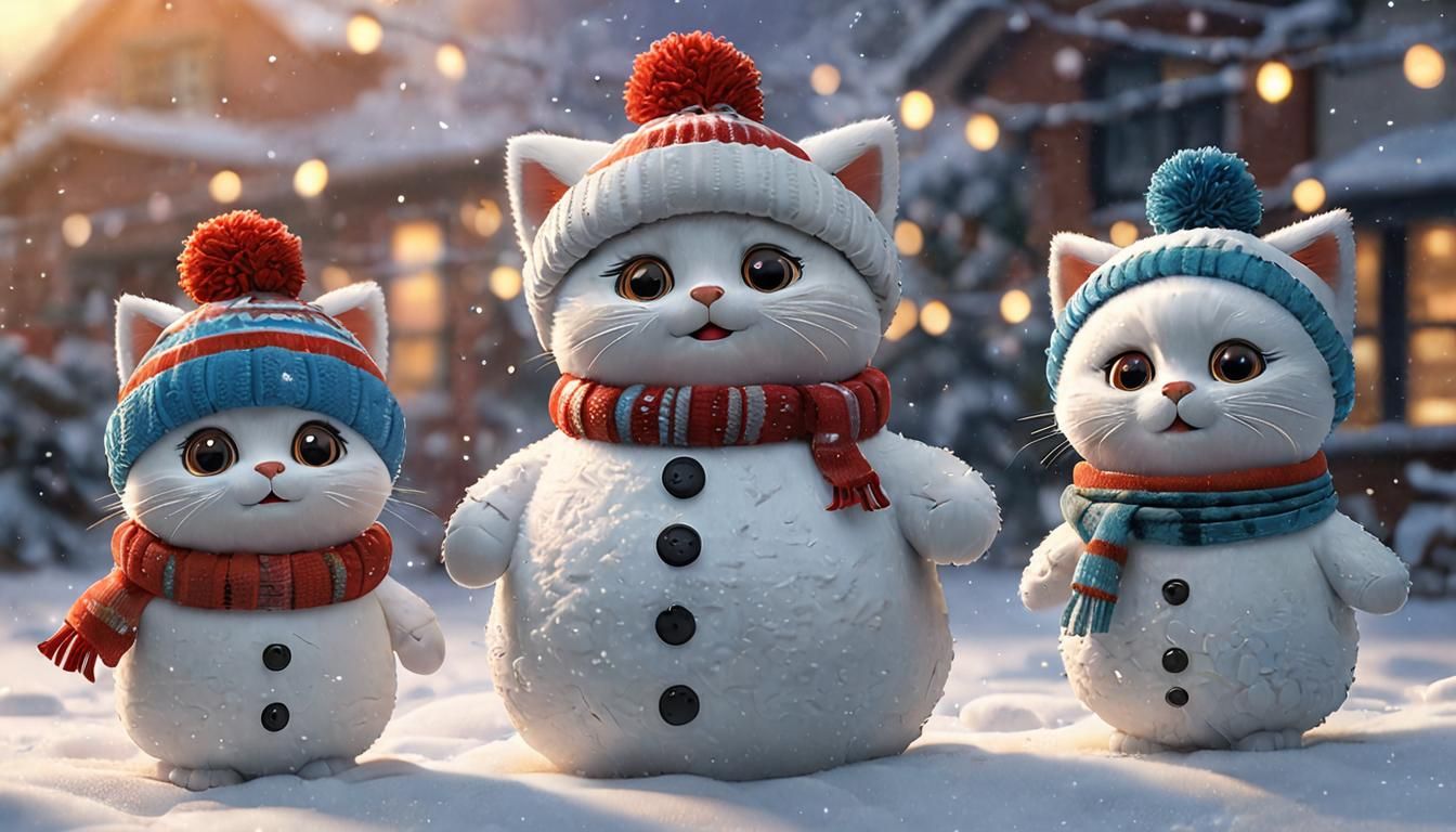 Kittens Build Cat-Shaped Snowman: 3D Digital Art
