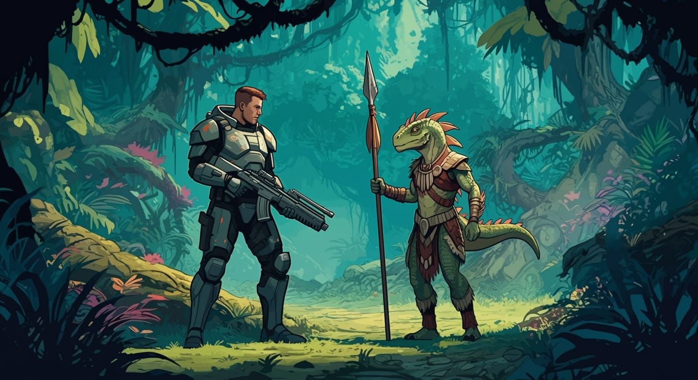 Soldier and Alien Dinosaur Engage in Diplomatic Discussion i...