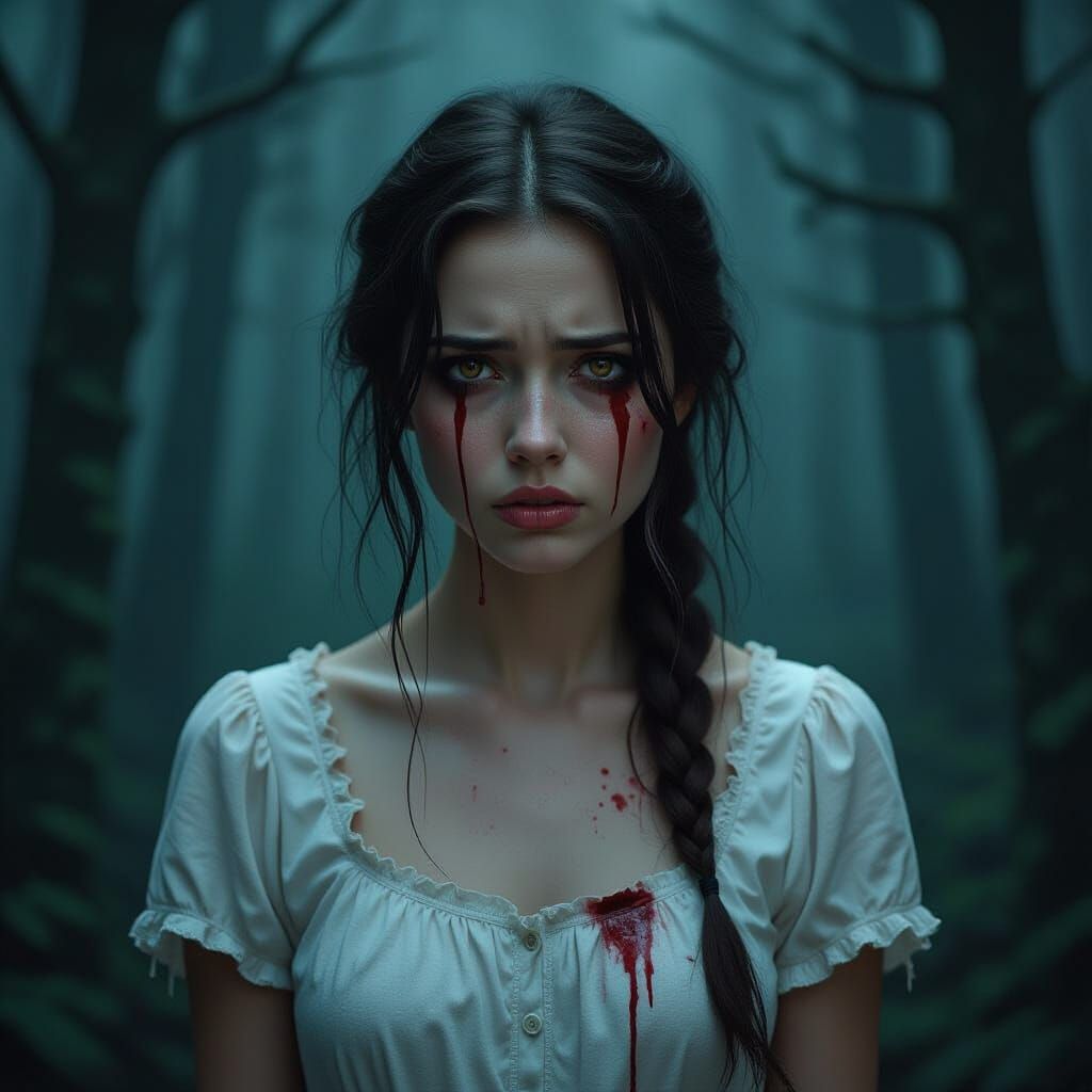 Distressed Woman with Blood Tears in Eerie Forest