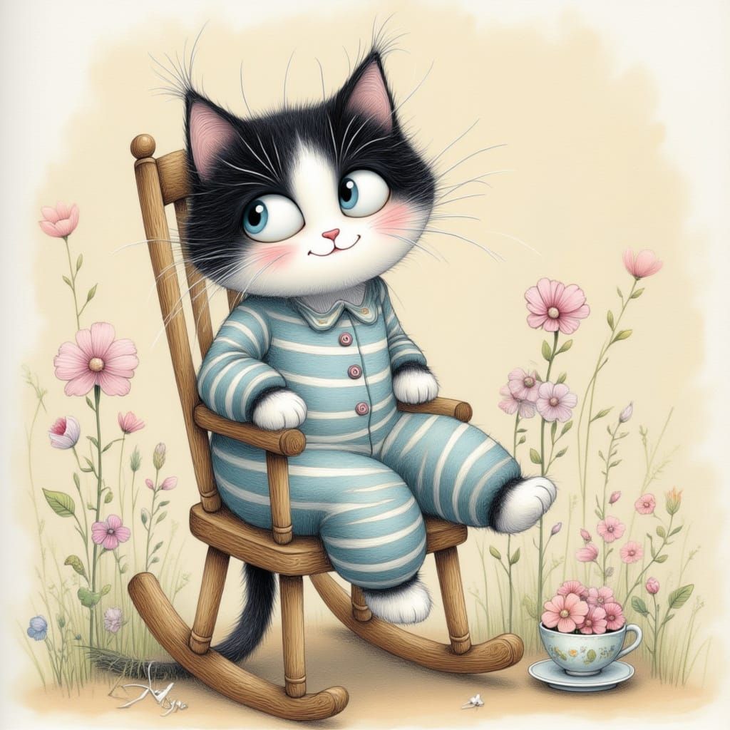 Cat in Pajamas Drinking Tea, Whimsical Hand-Drawn Art