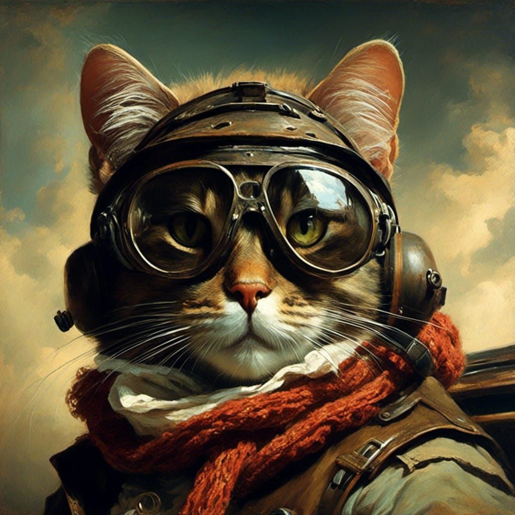 Aviator Cat Piloting Plane in Rembrandt Style