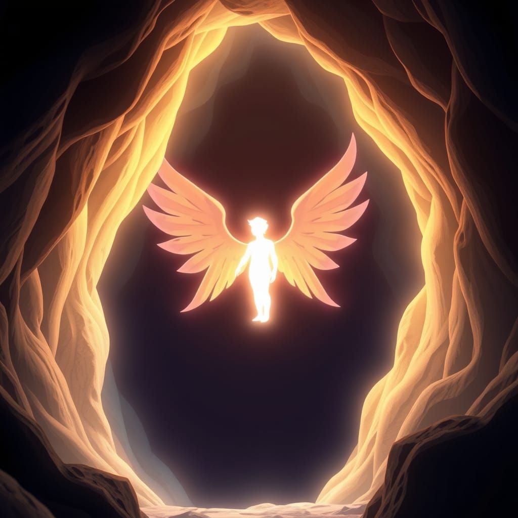 Glowing Angel in Cave: 3D Cartoon Illustration