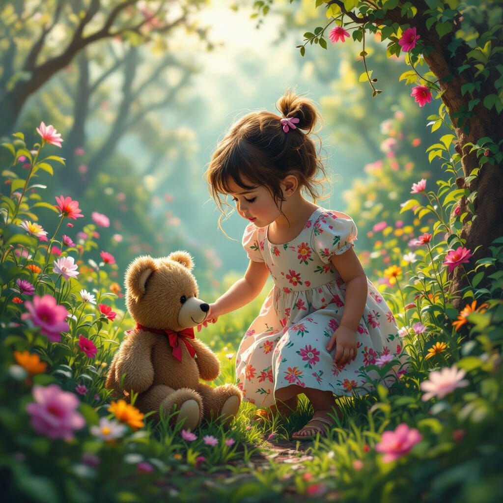 Girl and Teddy Explore a Fantasy World as Matte Painting