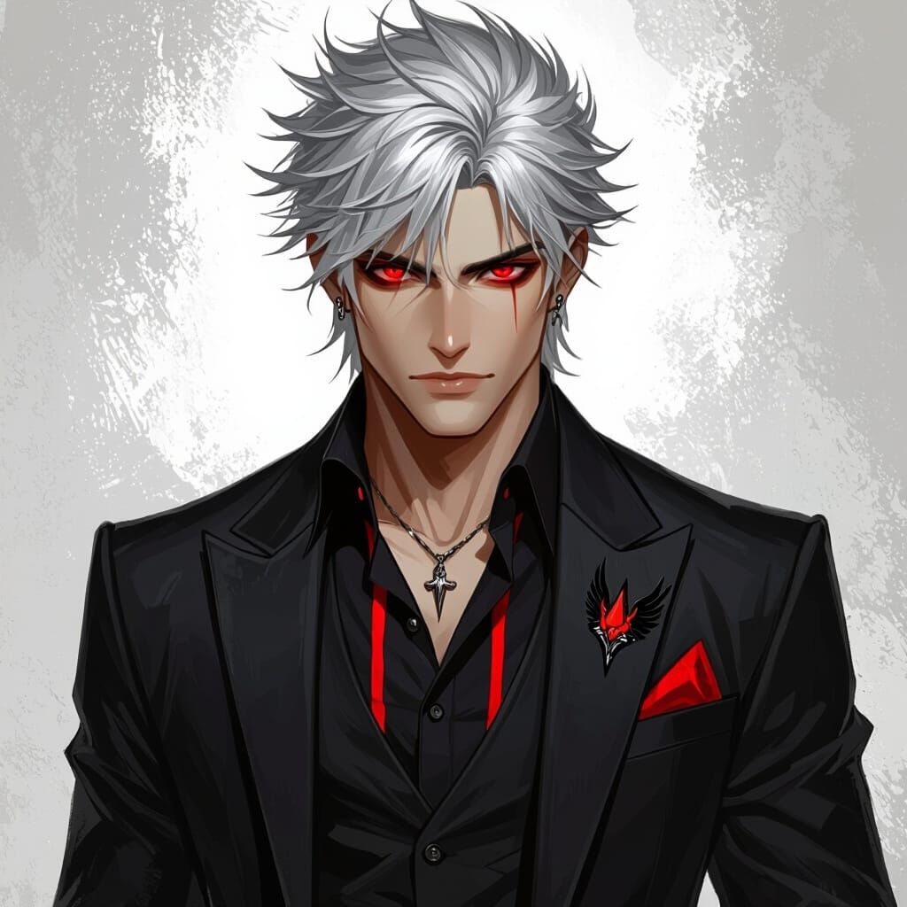 Elegant Man with Crow Brooch in Fantasy Art Style