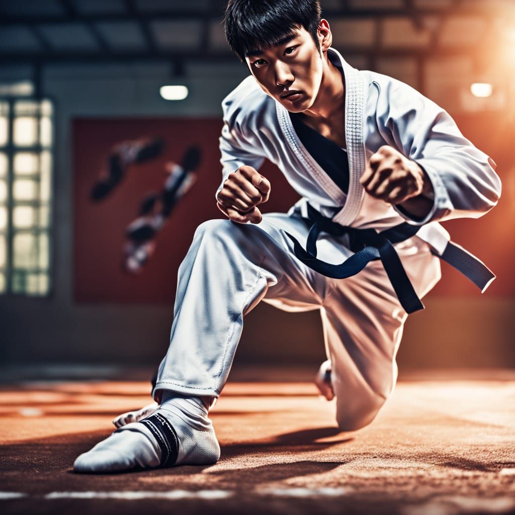Young Korean Man Practicing Taekwondo