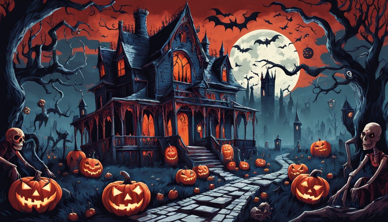 Macabre Halloween Scene with Frankenstein and Dracula