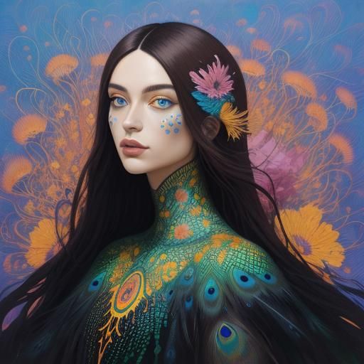 Peacock Woman Portrait in Surrealist Abstract Style