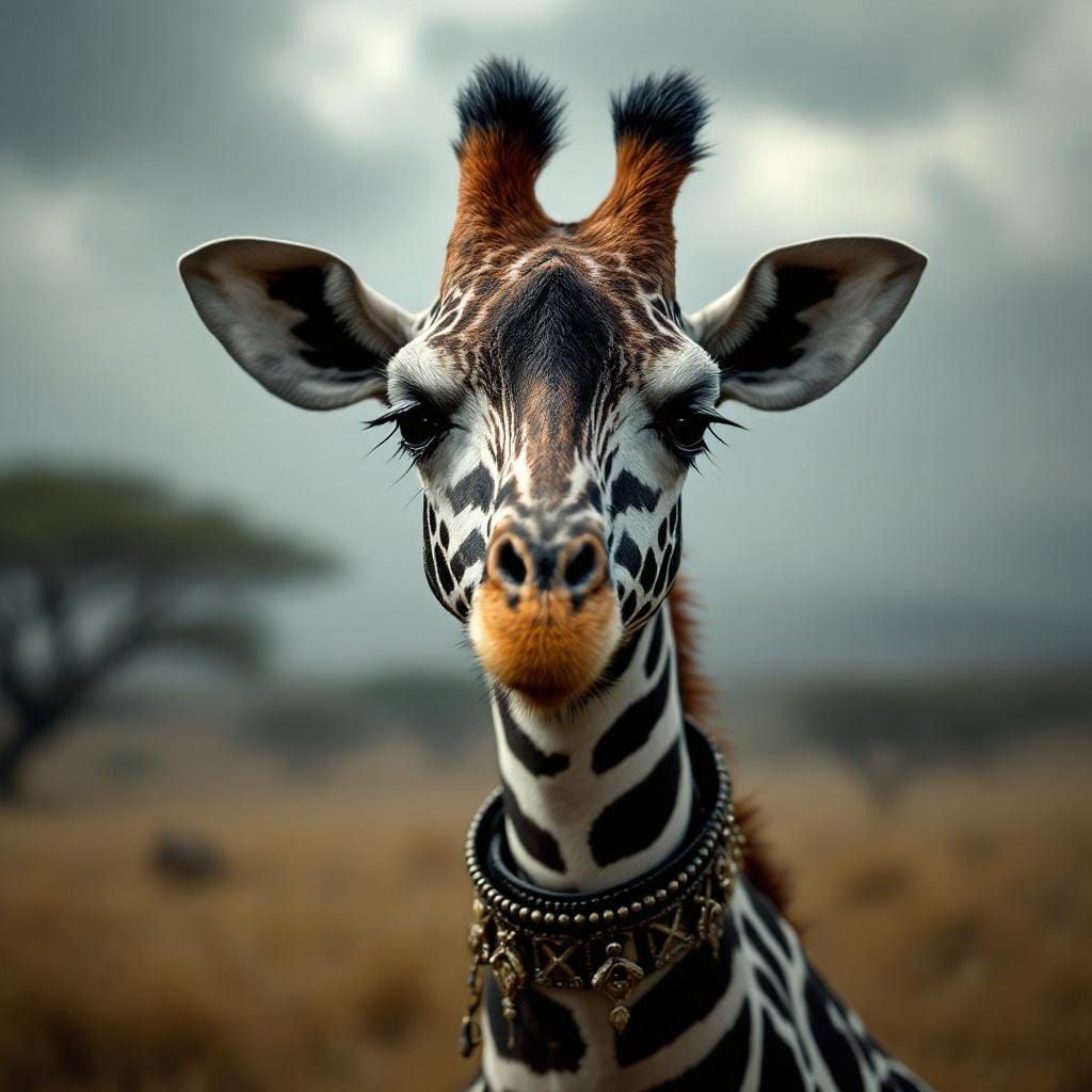 Giraffe-Zebra Hybrid in Hyperrealistic Savannah Scene