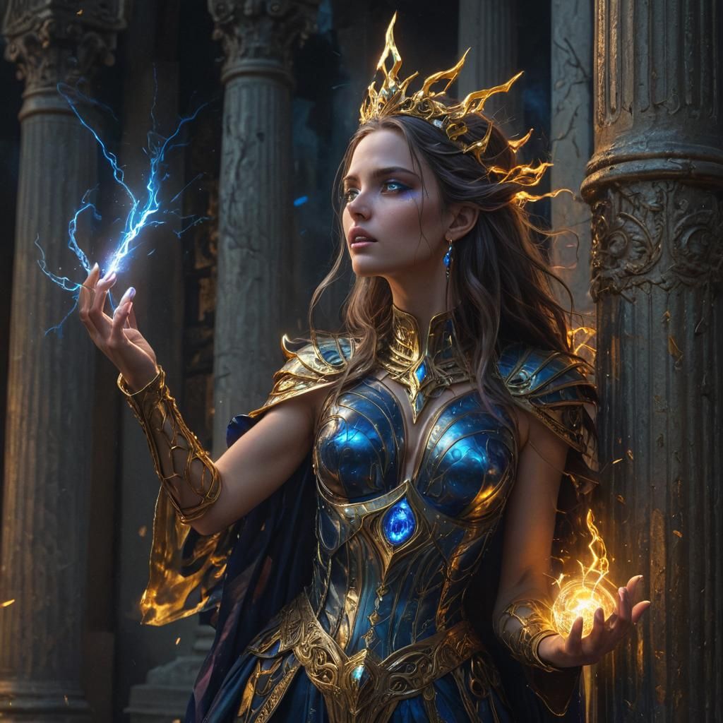 Sorceress Unleashes Lightning Spell: Cosmic Illustration