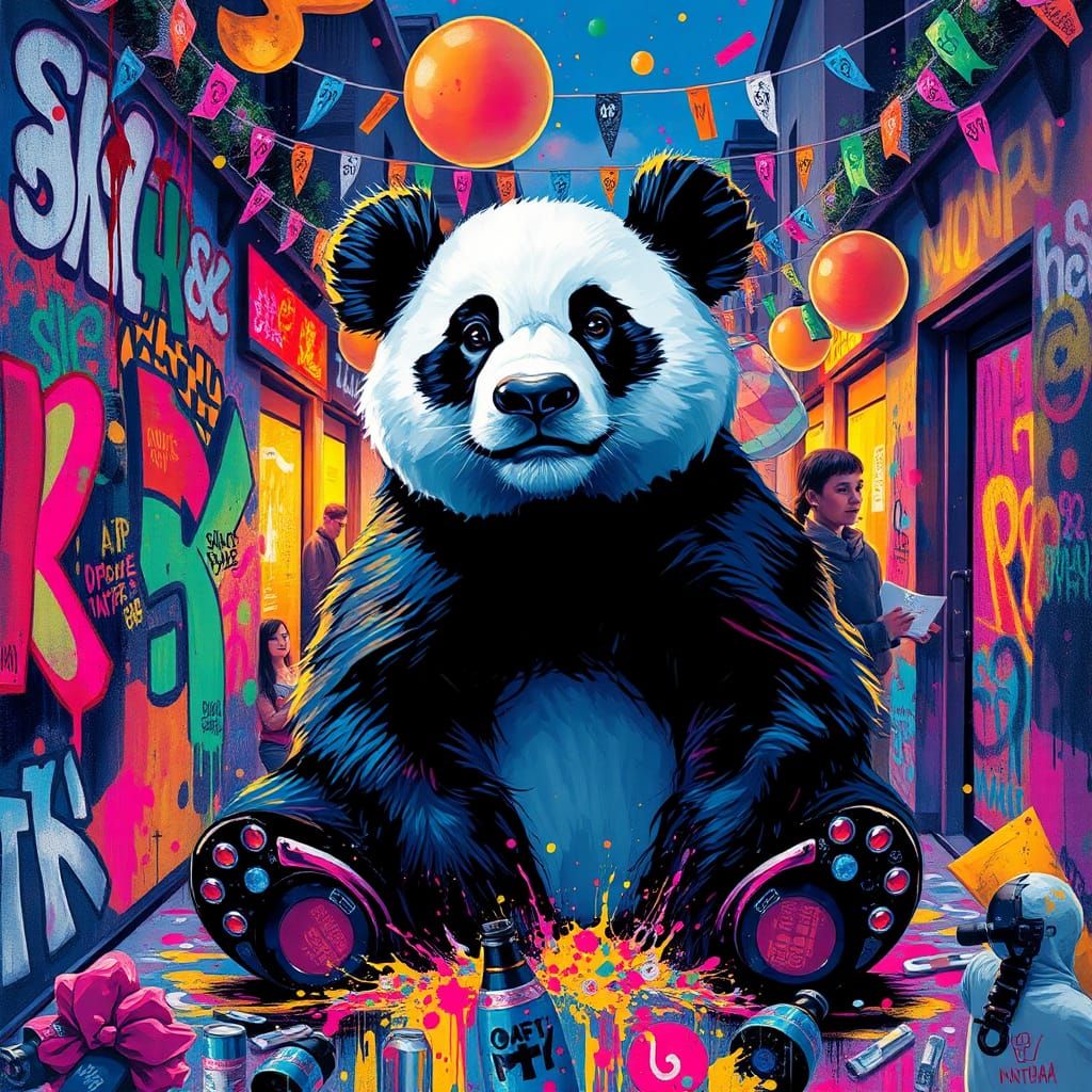 Kaleidoscopic Panda Party in Street Art Style