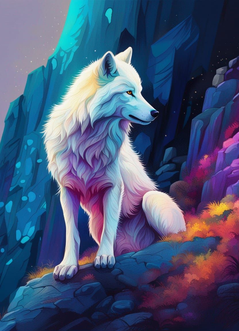 White Wolf on Cliff in Ethereal Lighting