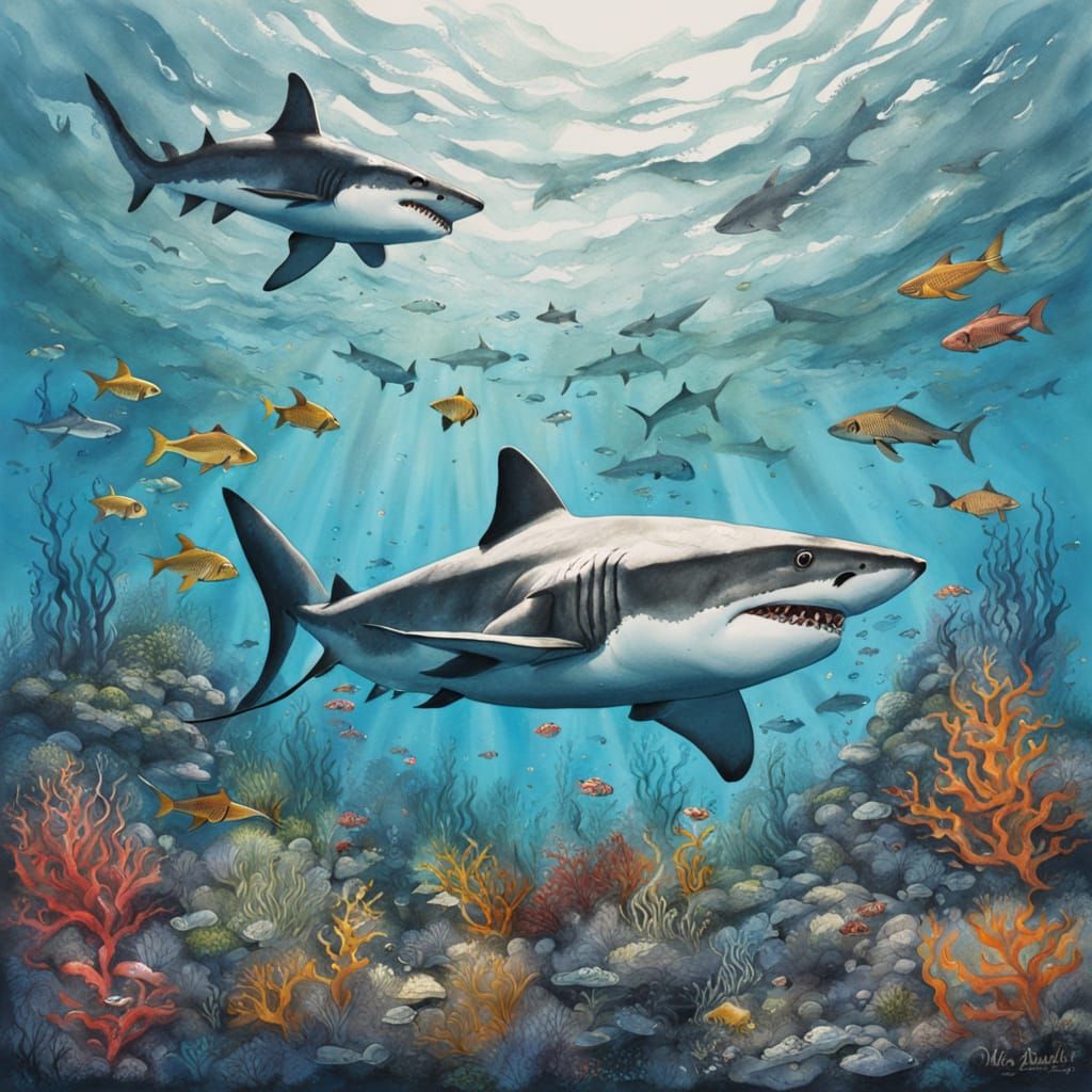 Shark in Chinese Ink Painting Underwater Scene